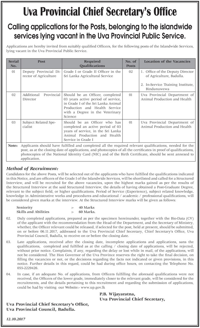 Deputy Provincial Director of Agriculture, Additional Provincial Director, Subject Related Specialist - Uva Provincial Public Service